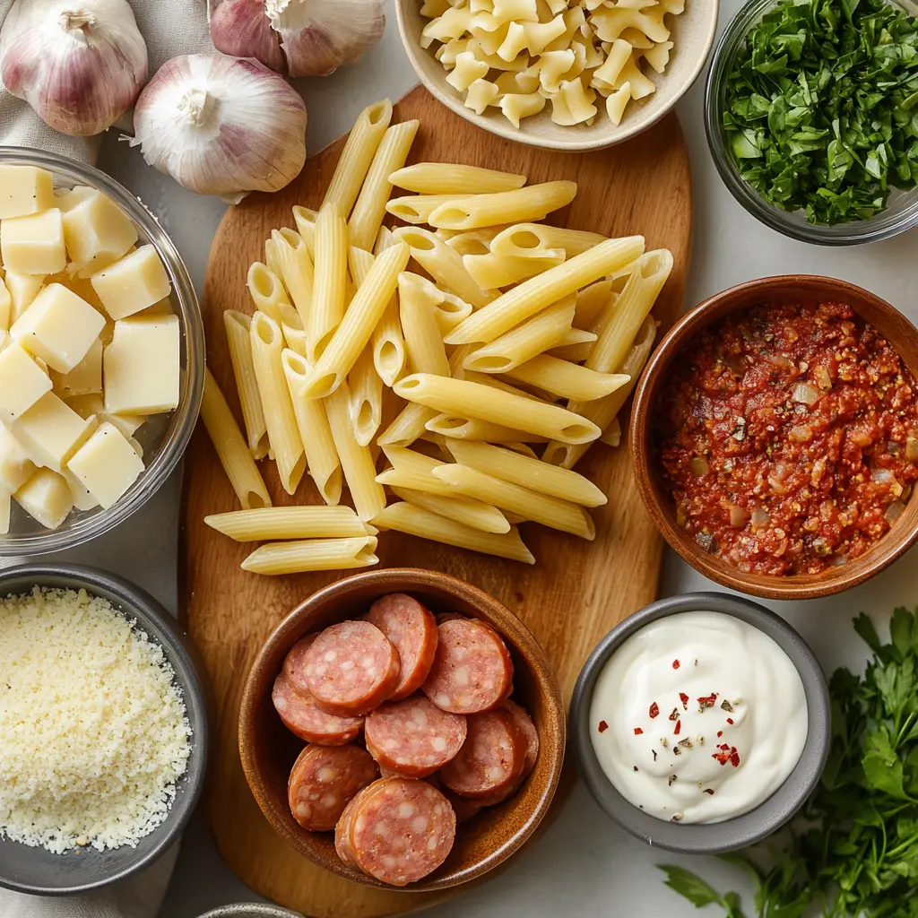 Vibrant one-pot kielbasa pasta with penne, sausage slices, and creamy sauce, garnished with fresh parsley.