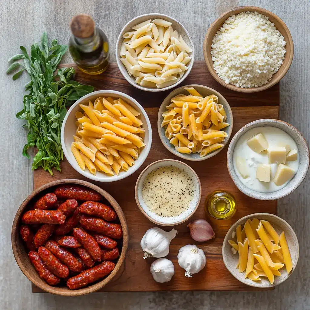 Delicious One Pot Kielbasa Pasta with creamy sauce, tender penne, and browned kielbasa garnished with fresh parsley, ready to serve.