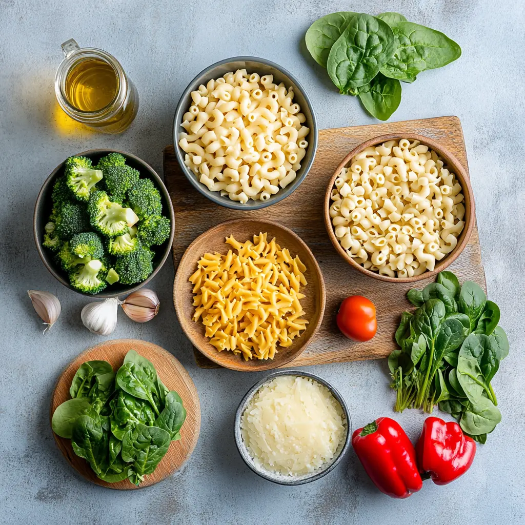 Vibrant One-Pot Veggie Mac and Cheese in a serving bowl, garnished with fresh parsley, with raw ingredients like pasta, broccoli, and cheese around it, showcasing a delicious and wholesome meal.