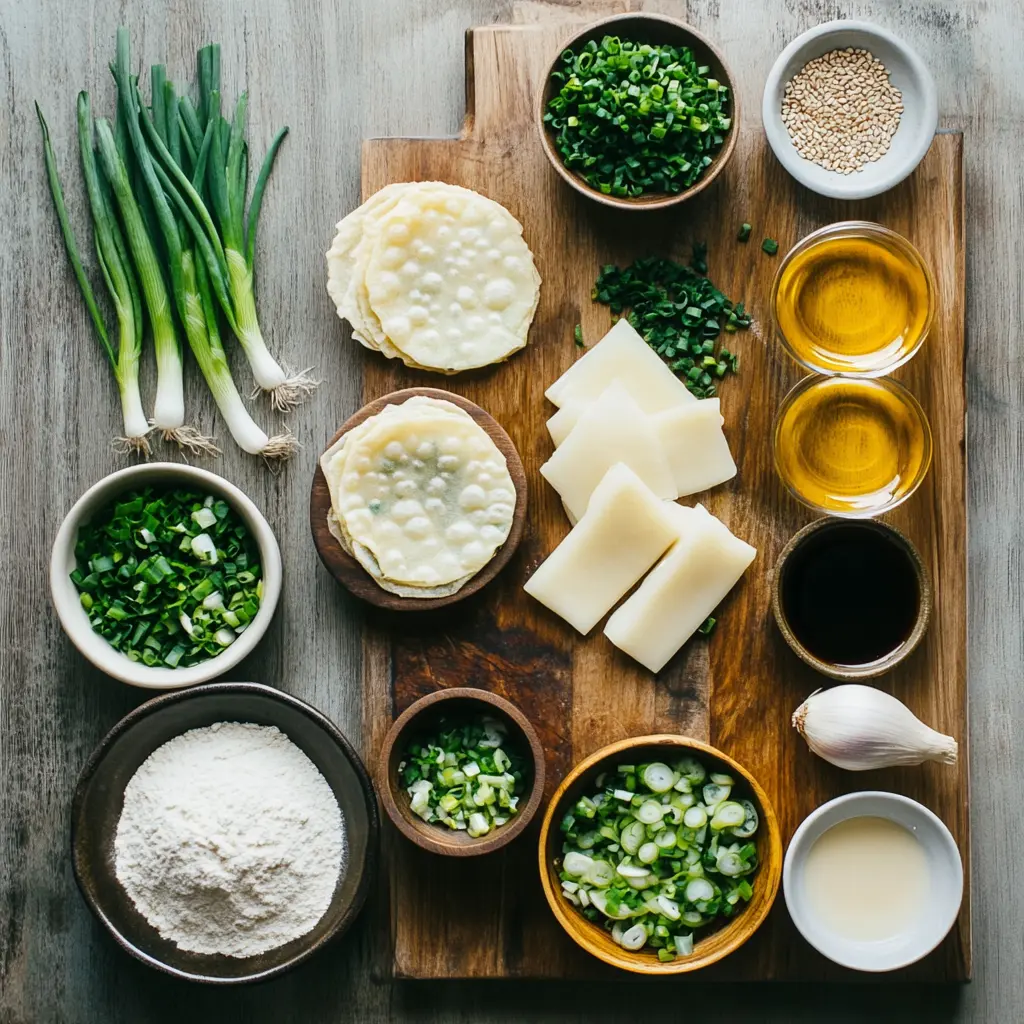 Vibrant close-up of a freshly made **Pajeon Korean Scallion Pancake**, golden-crisp with visible green scallions, ready for a delicious meal.