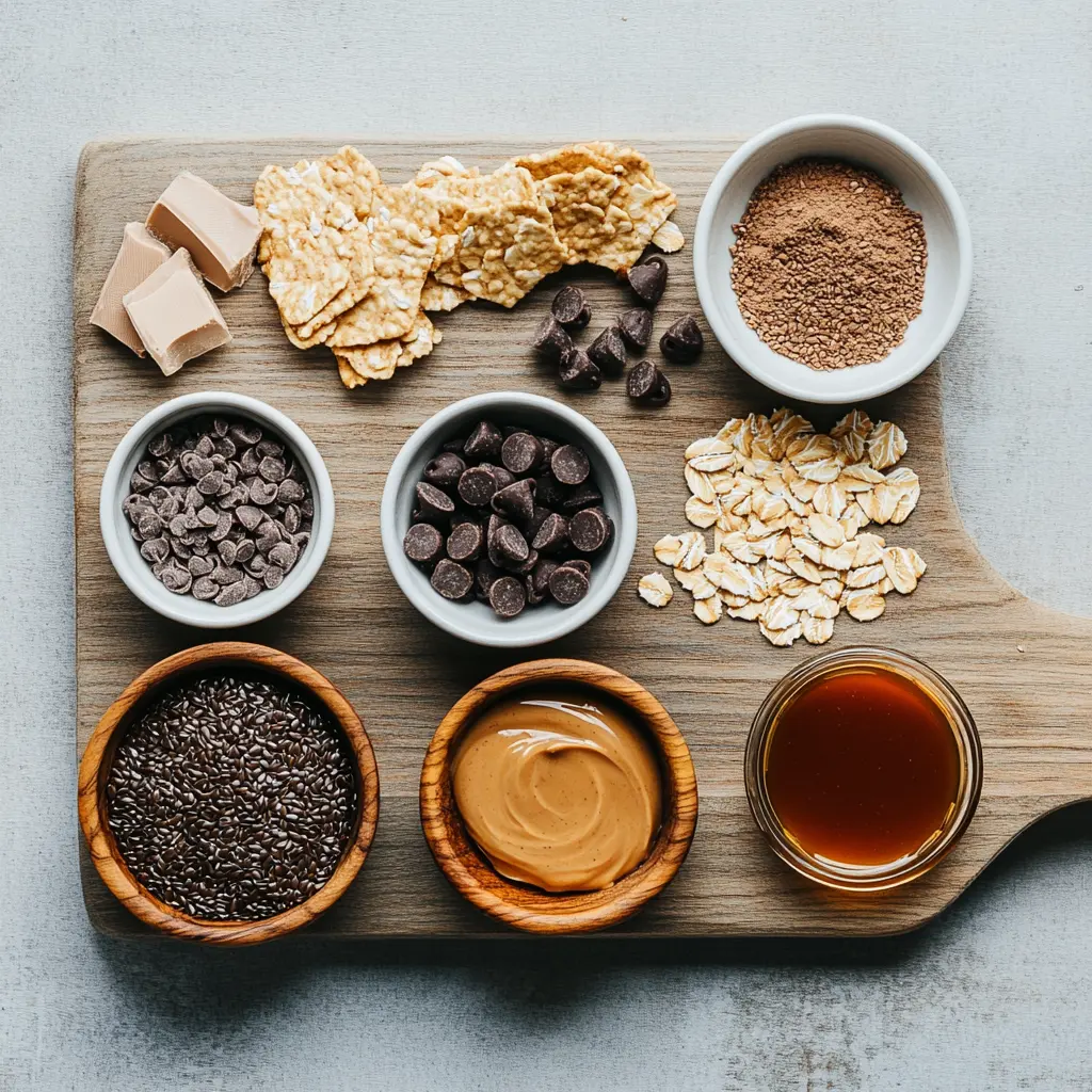 A bowl filled with wholesome ingredients for Peanut Butter Energy Balls: old-fashioned oats, creamy peanut butter, mini chocolate chips, and golden honey, arranged on a rustic wooden surface.