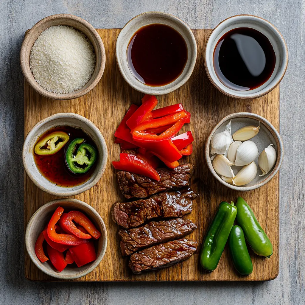 Fresh ingredients laid out for Pepper Steak Recipe, including thinly sliced flank steak, vibrant red and green bell peppers, and a yellow onion.