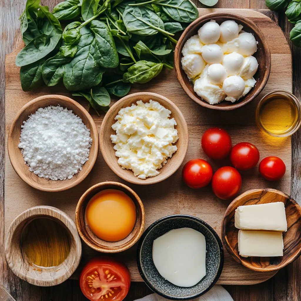 Protein packed cottage cheese egg bake ingredients assembled on clean counter with spinach, eggs, tomatoes, and cheese