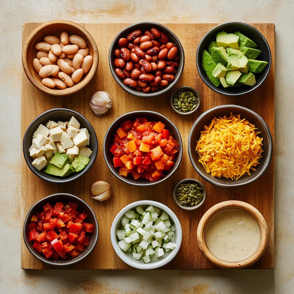 Pumpkin Chili Recipe for a Delicious Cozy Fall Feast 2 An overhead shot of various fresh ingredients for pumpkin chili arranged on a rustic wooden table, including canned pumpkin puree, ground Italian sausage, kidney beans, black beans, fire-roasted tomatoes, bell peppers, onions, and an assortment of spices like chili powder and cumin.