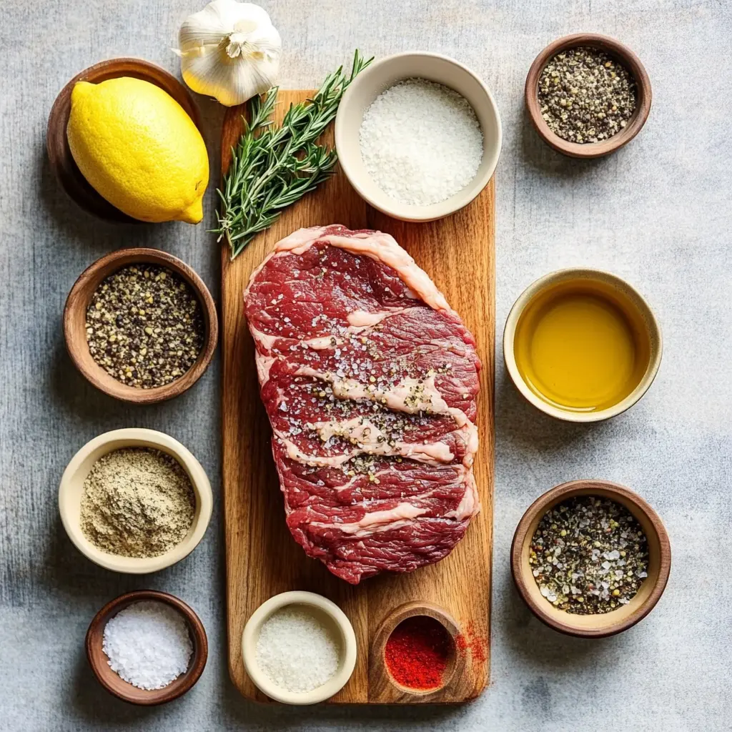 Beautifully marbled raw ribeye roast, prepped and ready for seasoning, showcasing key ingredients like fresh rosemary and garlic, for a perfect ribeye roast