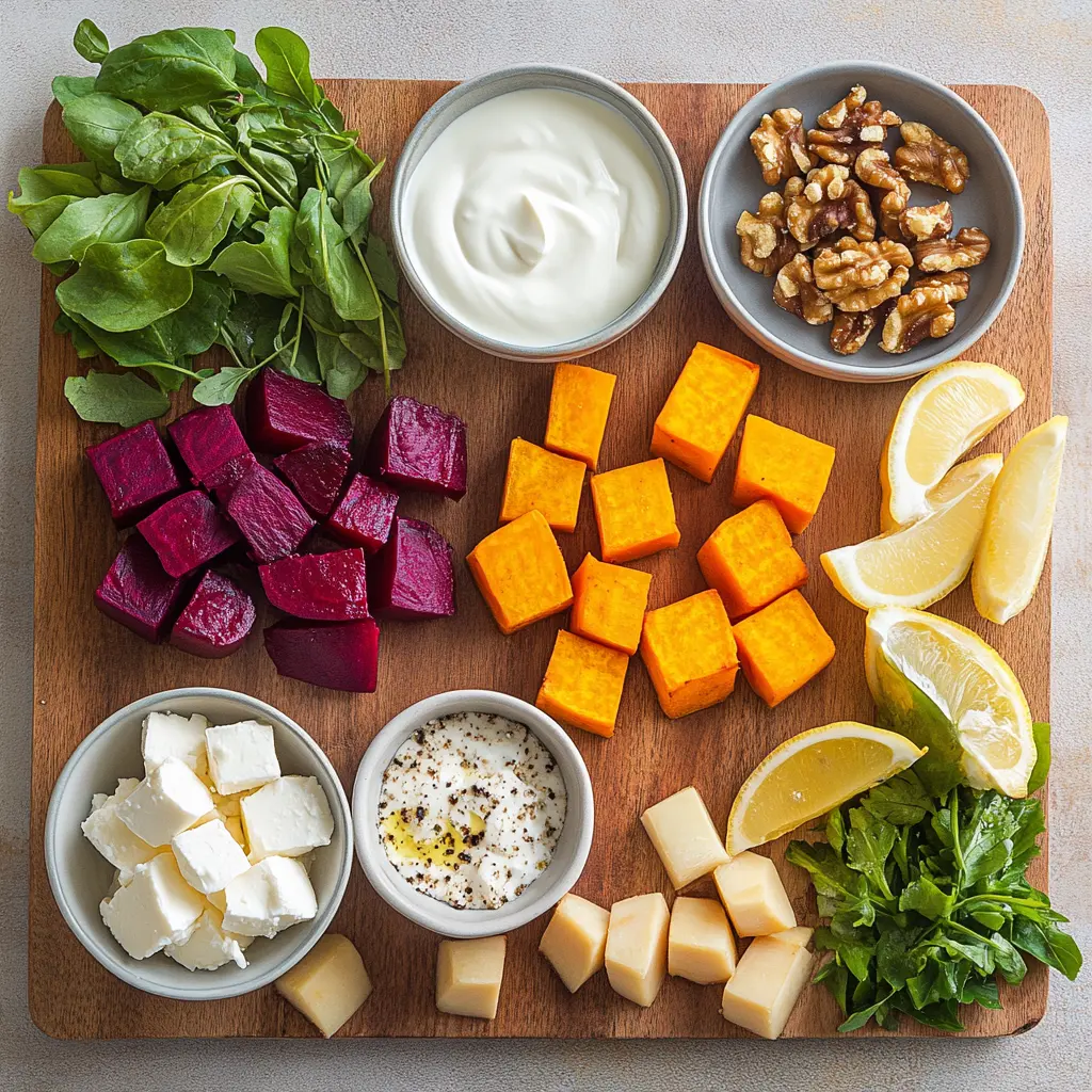 Roasted Beet and Sweet Potato Salad with Feta Secrets 3 ROASTED BEET AND SWEET POTATO SALAD WITH FETA centered hero view, clean and uncluttered