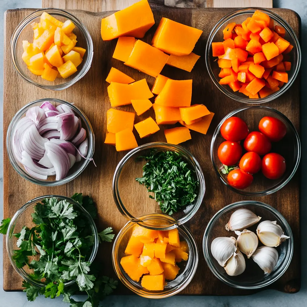 A vibrant bowl of creamy Roasted Butternut Squash Soup, garnished with fresh herbs and a drizzle of olive oil, against a cozy autumn backdrop. Perfect for fall and winter comfort food.