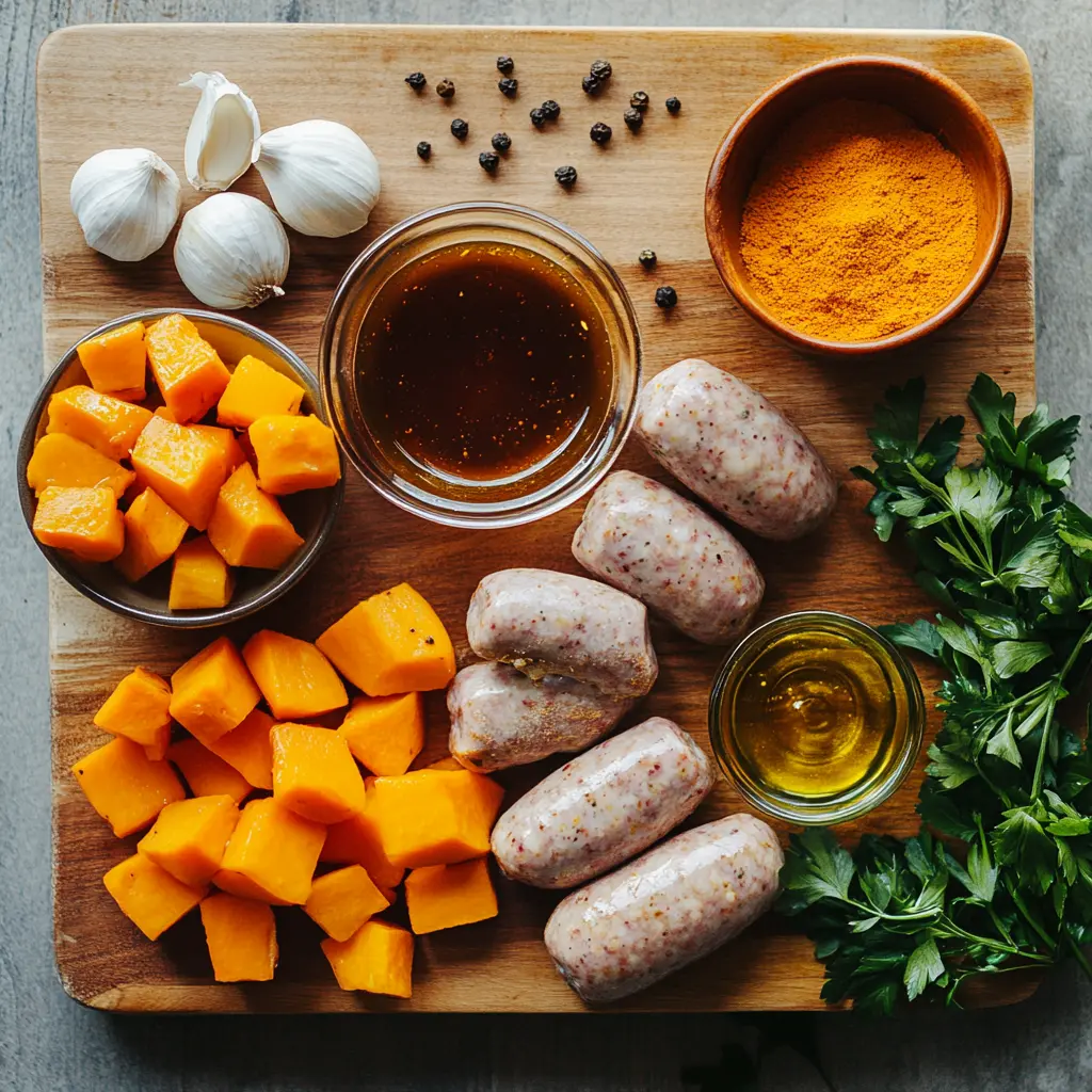 Sausage and Sweet Potatoes - Easy Irresistible Recipe 2 Overhead view of raw ingredients for sausage and sweet potatoes with honey garlic sauce on kitchen counter