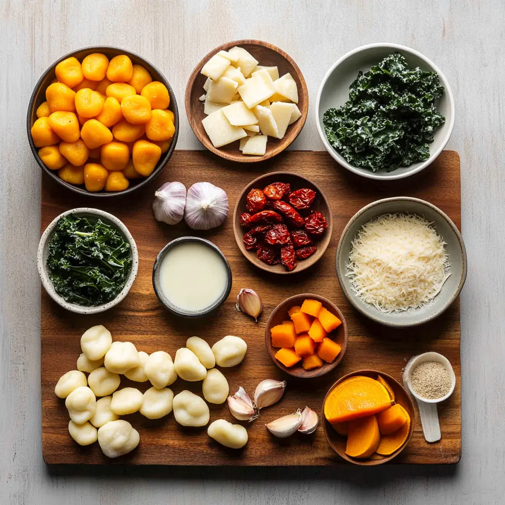 Fresh ingredients laid out for Savory Butternut Squash Gnocchi Soup, including cubed butternut squash, fresh kale, potato gnocchi, and plant-based sausage. A perfect autumn meal.