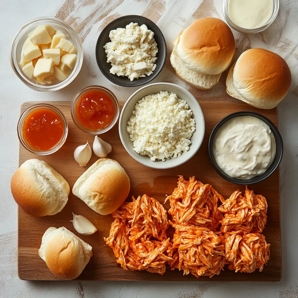 All the delicious ingredients for Sheet Pan Buffalo Chicken Sliders laid out, including shredded chicken, Hawaiian rolls, buffalo sauce, ranch, and cheeses.