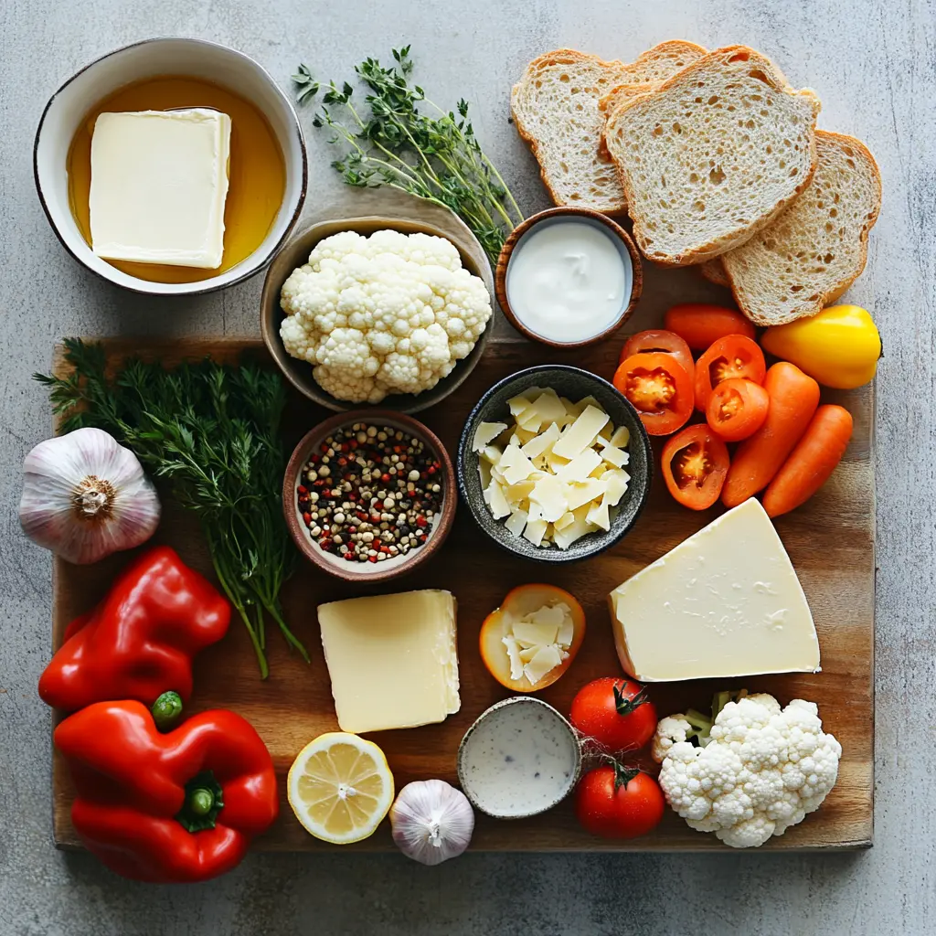 Vibrant raw vegetables like red bell peppers, carrots, cauliflower florets, yellow onion, garlic cloves, and cherry tomatoes, drizzled with olive oil on a baking sheet, ready for roasting for sheet pan soup.
