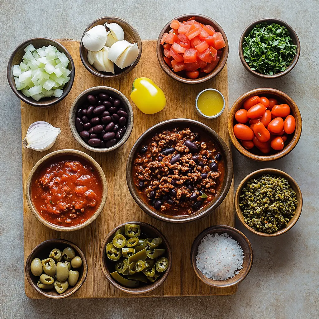 Vibrant ingredients for Slow Cooker Chili laid out: ground beef, kidney beans, black beans, diced tomatoes, tomato sauce, green chilis, and spices
