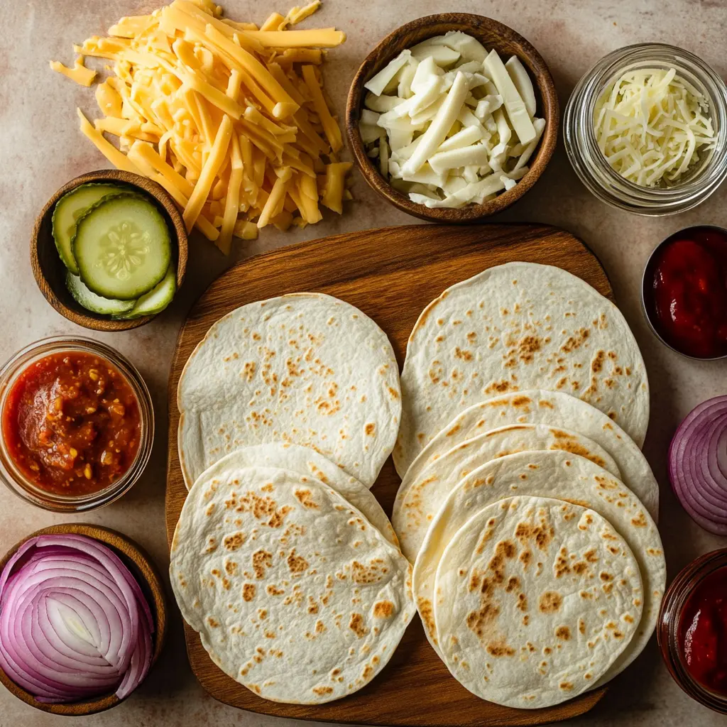 Ingredients for Smashburger Quesadillas laid out: a pack of ground beef, shredded cheddar cheese, flour tortillas, dill pickle slices, diced onion, and basic seasonings like salt and pepper.