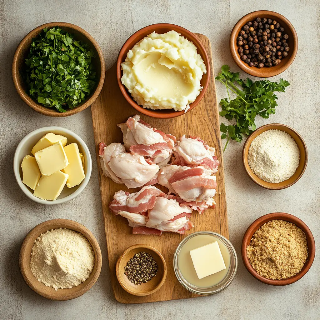 Smothered Chicken Easy and Delicious Recipe to Love 2 Close-up of fresh ingredients for Smothered Chicken, including bone-in chicken thighs, sliced onions, fresh herbs, and chicken broth, laid out cleanly on a wooden board.