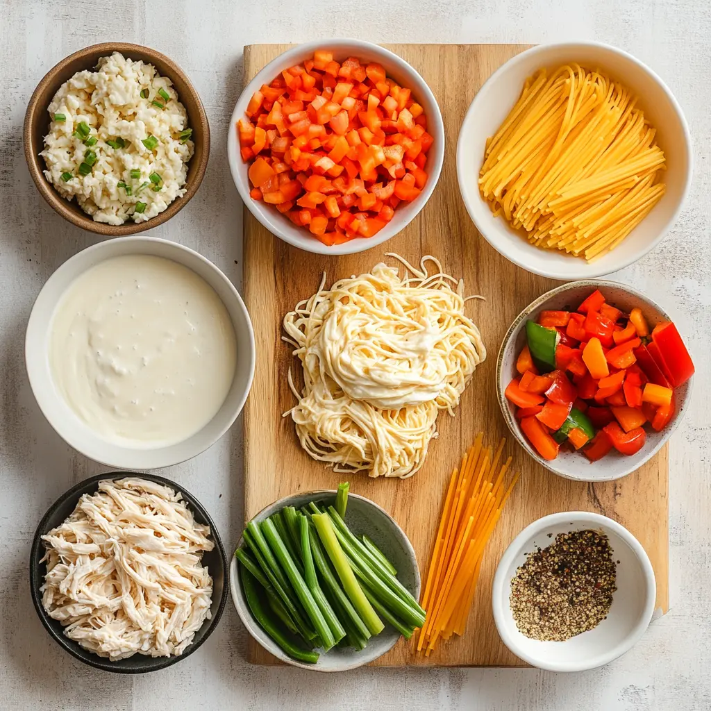 Key ingredients for Spicy Southern Cheesy Chicken Spaghetti Casserole, including raw chicken breasts, spaghetti, cheddar cheese, bell peppers, green onions, and cans of cream of chicken soup.