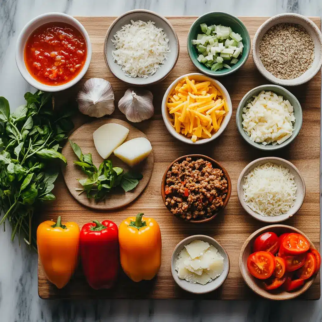 Fresh ingredients laid out for making stuffed peppers, including colorful bell peppers, ground beef, rice, tomatoes, onions, and cheese.
