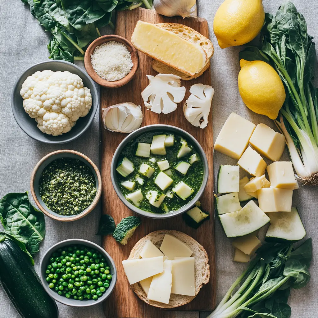 Vibrant Super Green Sheet Pan Soup in a rustic bowl, garnished with fresh herbs and pesto croutons, ready to serve.