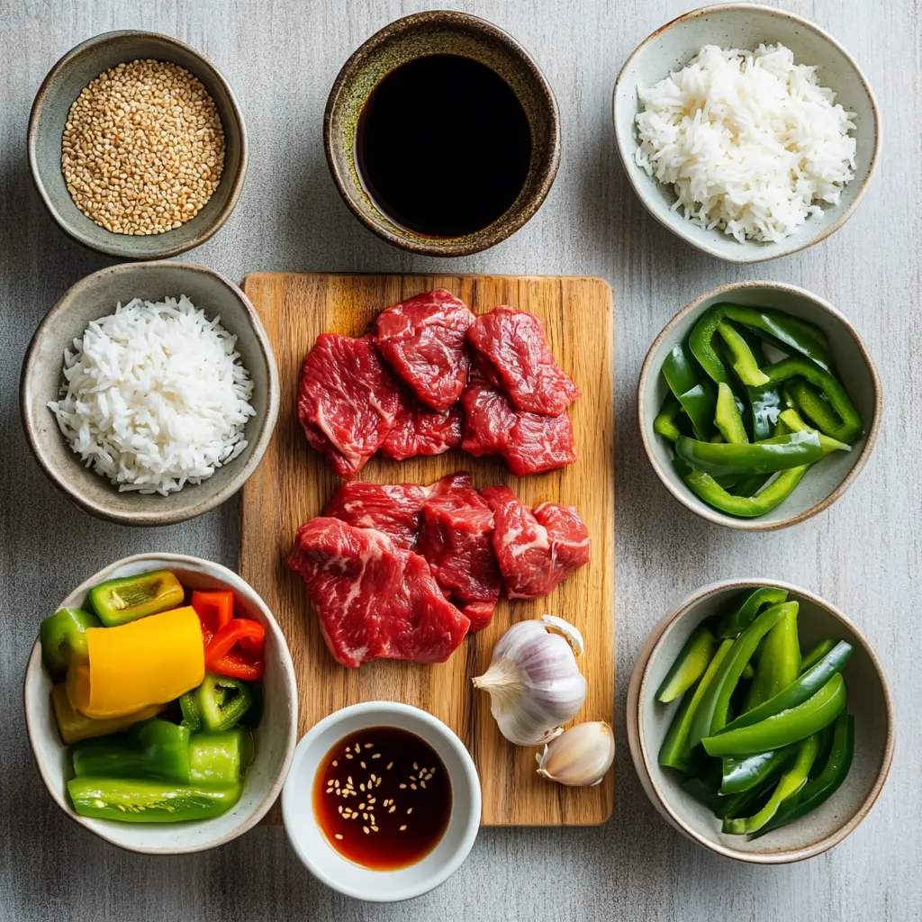 Ingredients for Takeout Worthy Chinese Pepper Steak, displayed artfully on a wooden board, showcasing thinly sliced beef, colorful bell peppers, onions, and various sauce components.