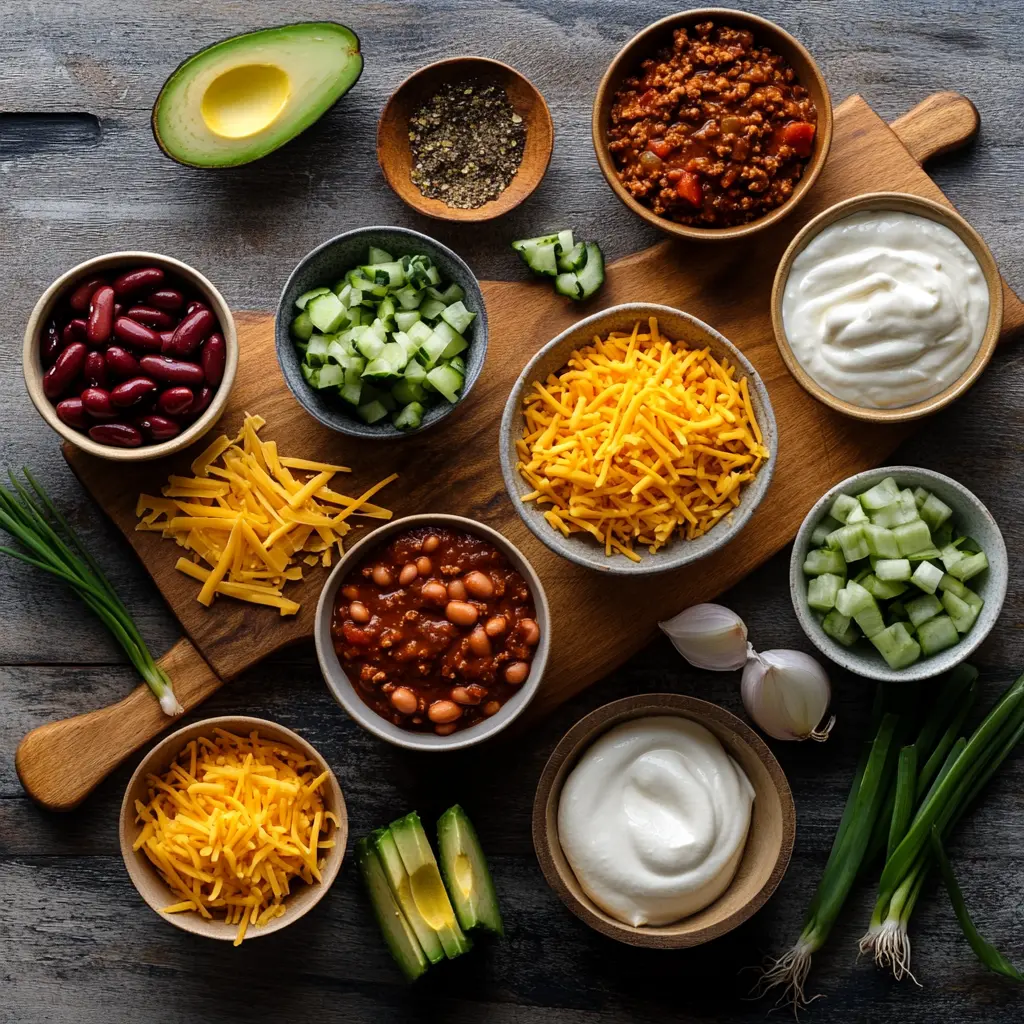A vibrant flat lay of fresh ingredients for the best chili recipe: ground beef, various beans, fire-roasted tomatoes, onions, garlic, and spices like chili powder and cumin, arranged on a rustic wooden board.