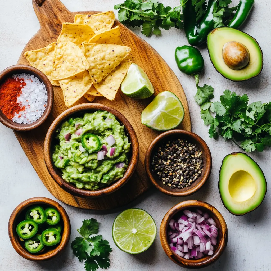 The Best Guacamole Recipe Easy and Delicious 2 Ingredients laid out for THE BEST GUACAMOLE RECIPE: avocados, limes, cilantro, onion, garlic, jalapeño, salt