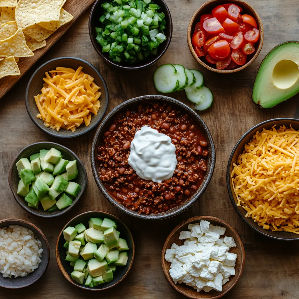 A steaming bowl of hearty Pioneer Woman-inspired chili, garnished with shredded cheddar cheese, sour cream, and fresh green onions, ready to be enjoyed.