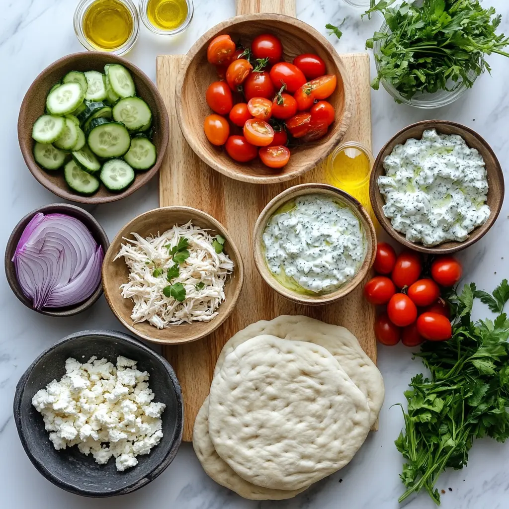 Ingredients laid out for TZATZIKI CHICKEN PIZZA recipe including naan, chicken, cucumbers, tzatziki, feta, tomatoes and herbs