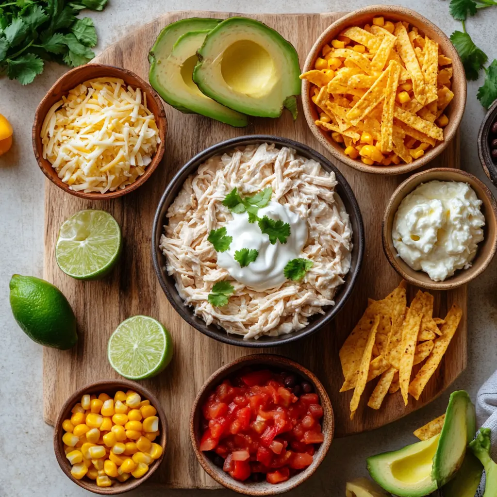 Arrangement of fresh ingredients for White Chicken Chili with Cream Cheese: raw chicken breasts, cans of black beans, corn, and Rotel tomatoes, a block of cream cheese, and seasoning packets laid out on a rustic wooden surface.