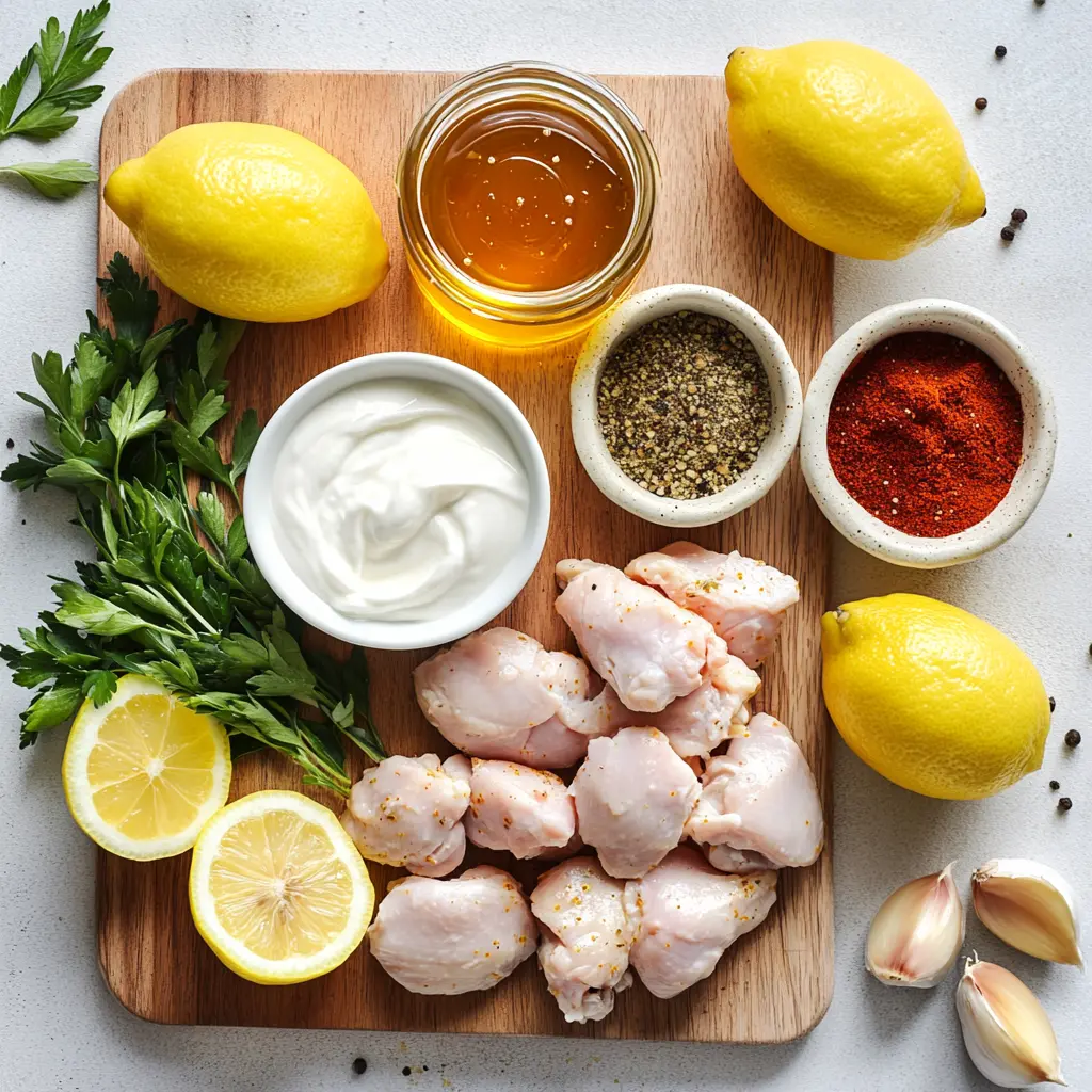 Yogurt Marinated Chicken: Simple Flavorful Delight 3 A vibrant overhead shot of all the fresh ingredients for tender yogurt marinated chicken: creamy Greek yogurt, bright lemons, fresh parsley, aromatic garlic cloves, and a colorful array of spices like paprika and cumin, arranged cleanly on a light background.