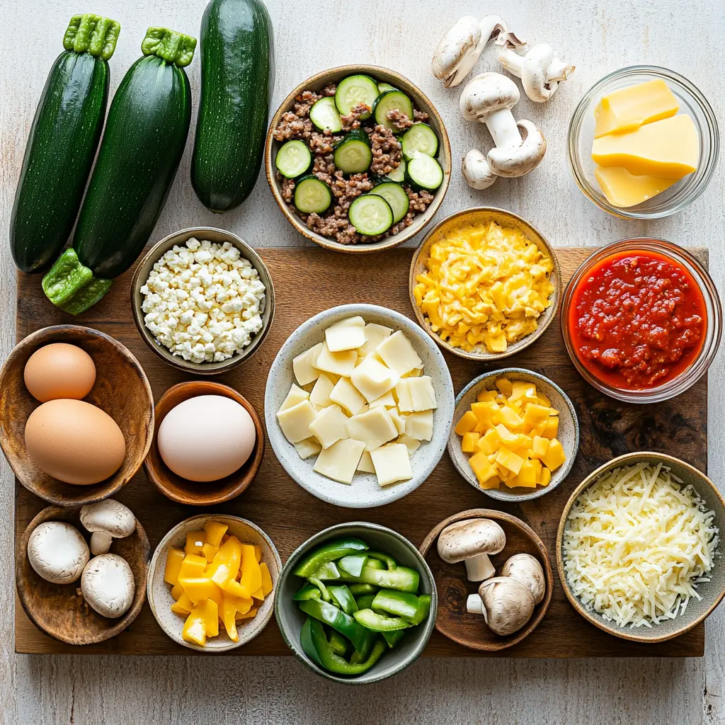 Pizza casserole ingredients including shredded zucchini, cheeses, ground beef, and pizza sauce for zucchini pizza casserole recipe