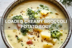 LOADED CREAMY BROCCOLI POTATO SOUP centered hero view, clean and uncluttered