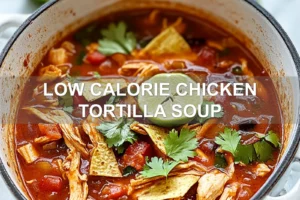 LOW CALORIE CHICKEN TORTILLA SOUP centered hero view, clean and uncluttered