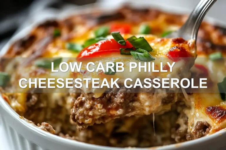 LOW CARB PHILLY CHEESESTEAK CASSEROLE centered hero view, clean and uncluttered