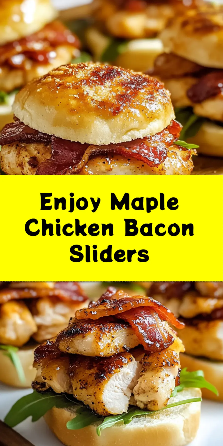 MAPLE CHICKEN BACON SLIDERS centered hero view, clean and uncluttered_pin