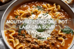 MOUTHWATERING ONE POT LASAGNA SOUP centered hero view, clean and uncluttered
