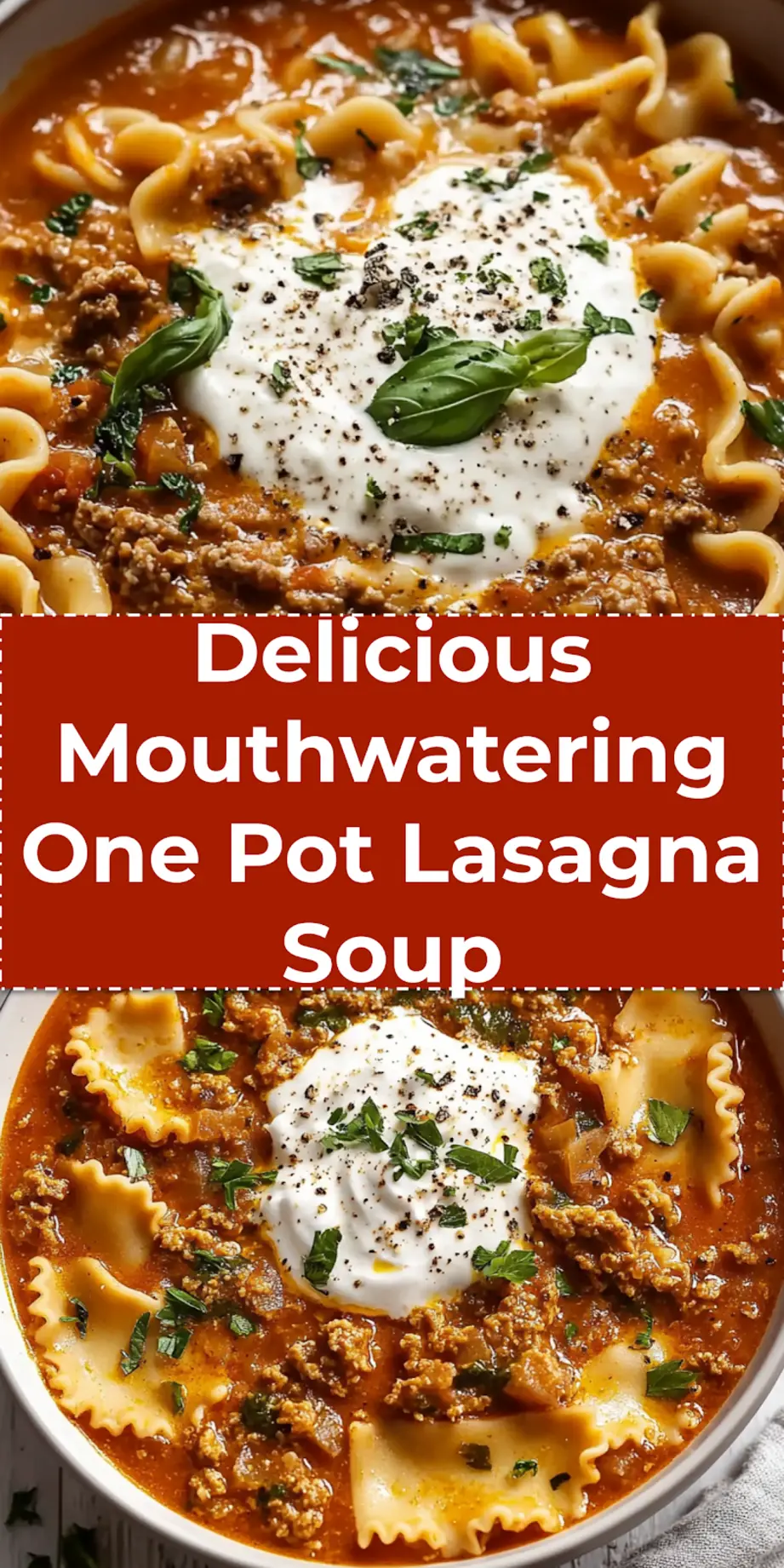 Mouthwatering One Pot Lasagna Soup: Easy Italian Comfort 3 Vibrant and comforting One Pot Lasagna Soup, served in a rustic bowl with melted mozzarella, a dollop of ricotta, and fresh basil, ready to be enjoyed. Perfect for a Pinterest-style food shot.