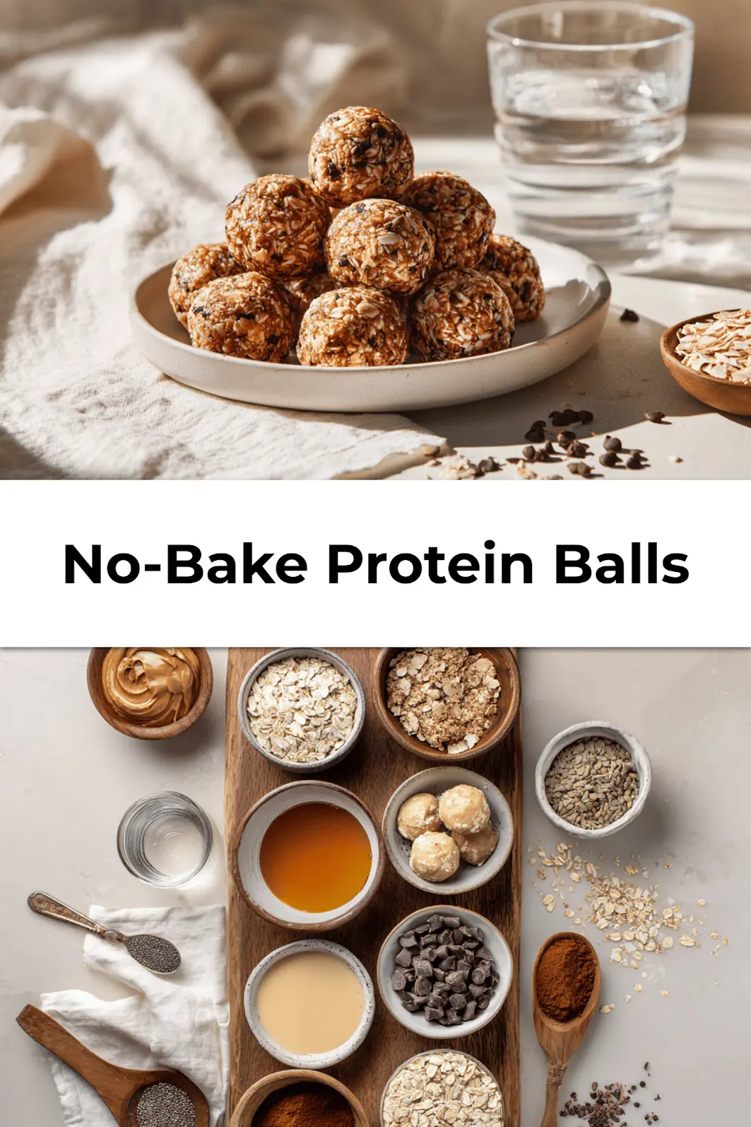 A beautifully styled shot of No Bake Protein Balls, some drizzled with chocolate, artfully arranged on a white serving dish with fresh berries, perfect for a Pinterest-worthy healthy snack.