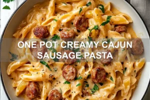 ONE POT CREAMY CAJUN SAUSAGE PASTA centered hero view, clean and uncluttered