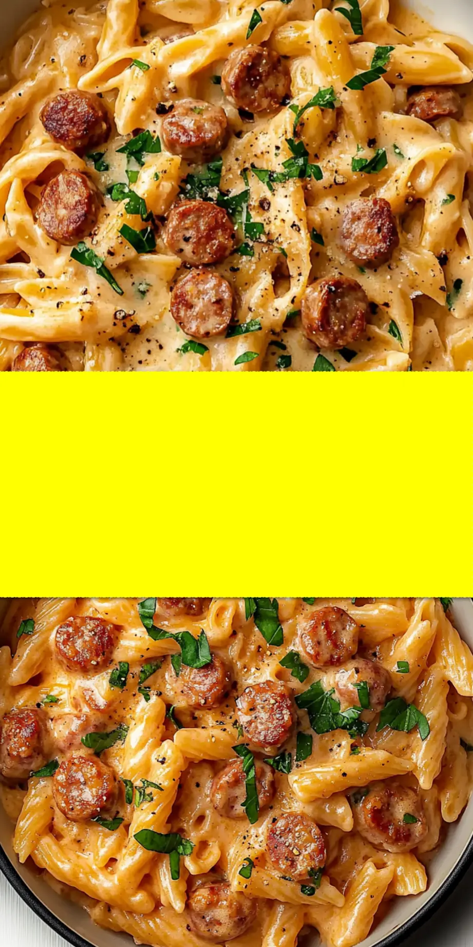 A tantalizing overhead shot of One Pot Creamy Cajun Sausage Pasta garnished with fresh parsley and Parmesan, ready to serve.