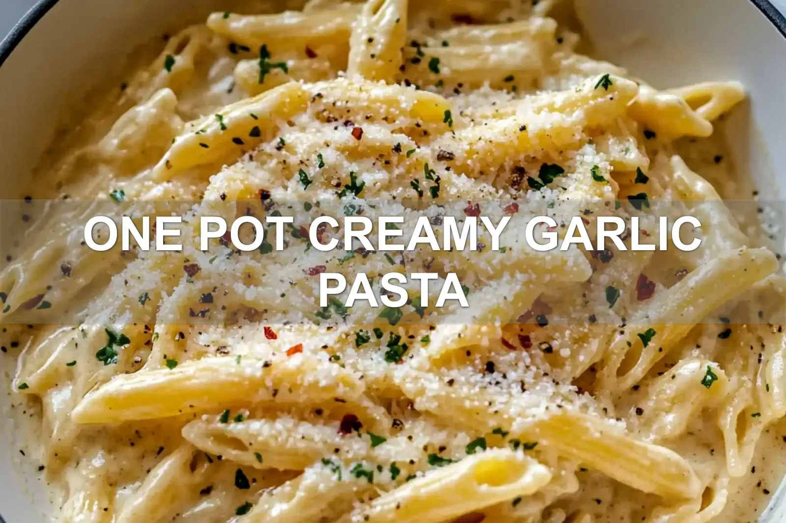 ONE POT CREAMY GARLIC PASTA centered hero view, clean and uncluttered