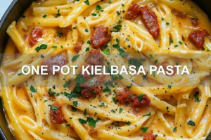ONE POT KIELBASA PASTA centered hero view, clean and uncluttered