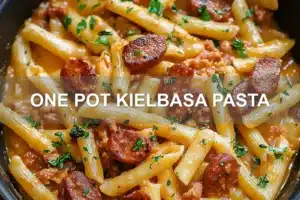 ONE POT KIELBASA PASTA centered hero view, clean and uncluttered