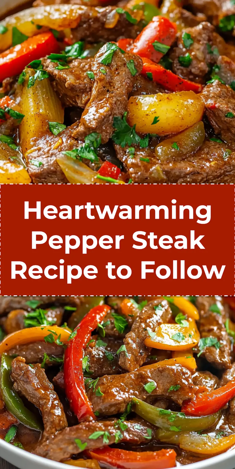 A close-up of a finished Pepper Steak dish, featuring tender beef, vibrant bell peppers, and onions, all coated in a rich, glossy sauce, served over white rice.