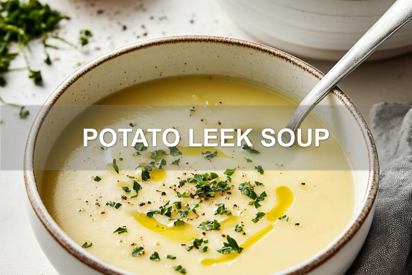 Potato Leek Soup Comforting Easy to Make Recipe 2 POTATO LEEK SOUP centered hero view, clean and uncluttered