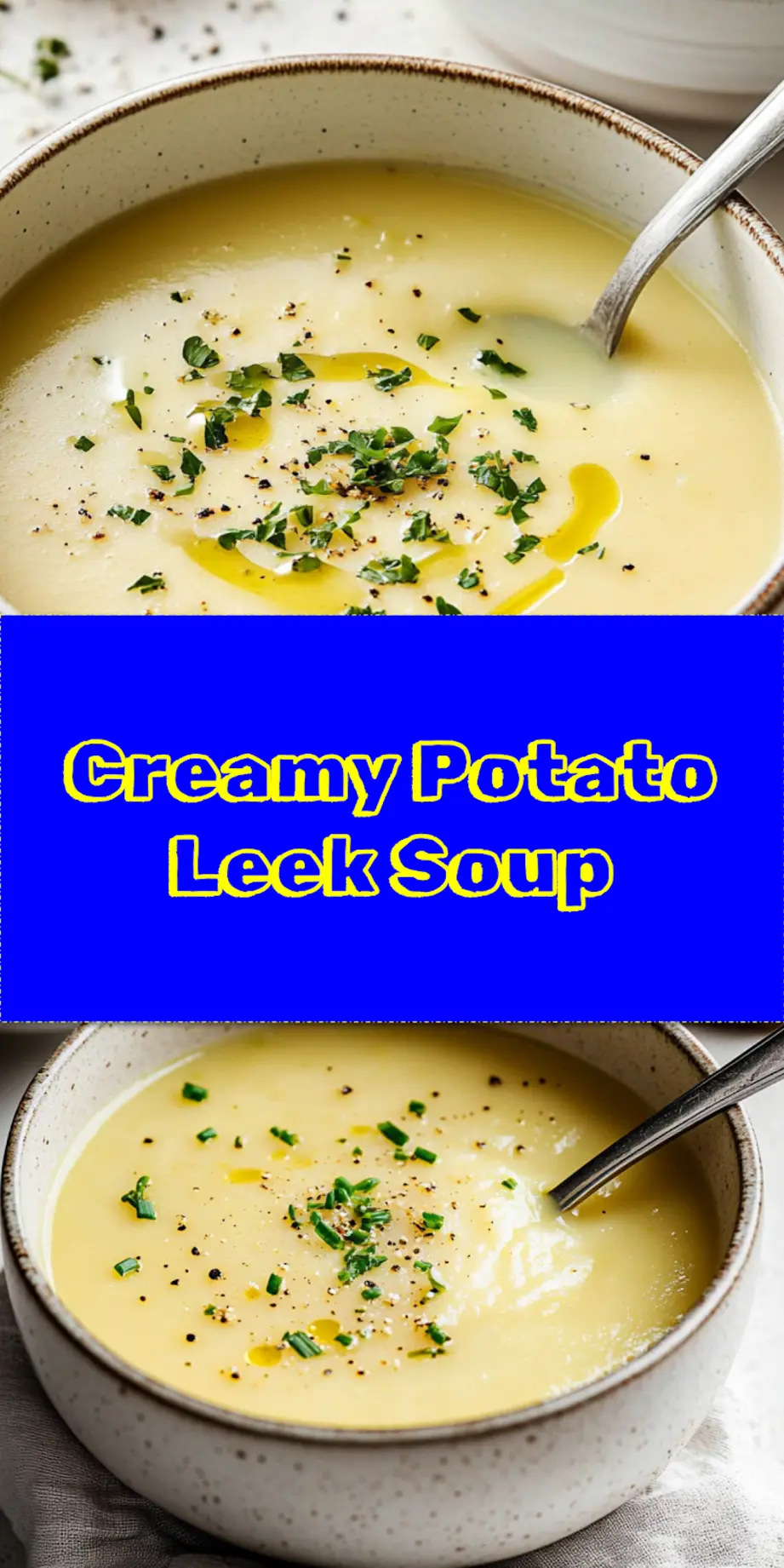 Potato Leek Soup Comforting Easy to Make Recipe 4 Pinterest Pin: Creamy homemade potato leek soup in a cozy bowl, garnished with fresh chives, perfect for a comforting meal. Easy, hearty, and delicious soup recipe idea.