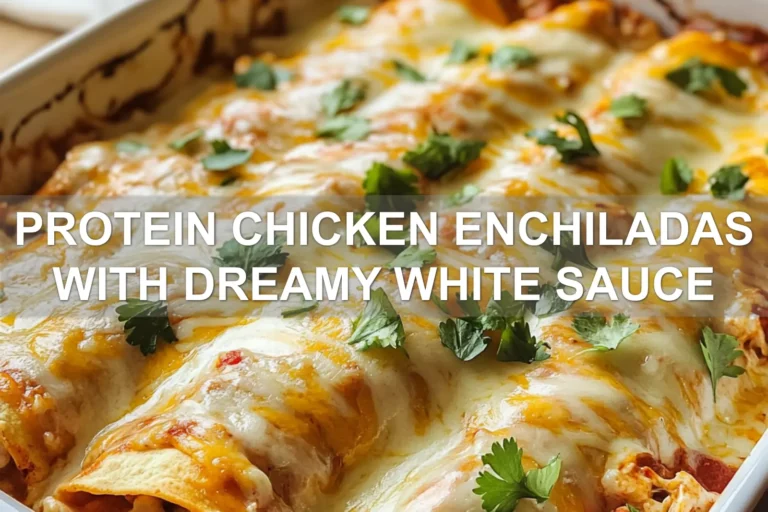 PROTEIN CHICKEN ENCHILADAS WITH DREAMY WHITE SAUCE centered hero view, clean and uncluttered