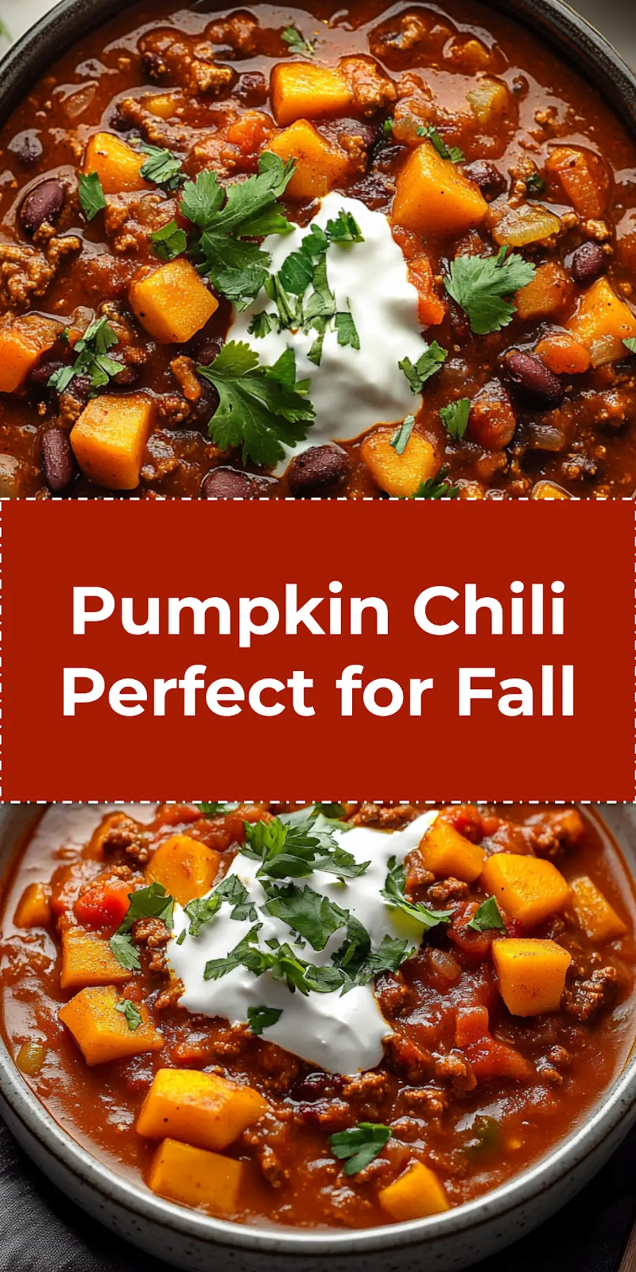 Pumpkin Chili Recipe for a Delicious Cozy Fall Feast 3 A deliciously hearty bowl of pumpkin chili, garnished with a dollop of sour cream, a sprinkle of shredded sharp cheddar cheese, and fresh cilantro, perfectly presented for a Pinterest share.