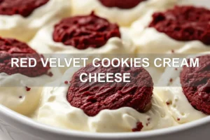 RED VELVET COOKIES CREAM CHEESE centered hero view, clean and uncluttered