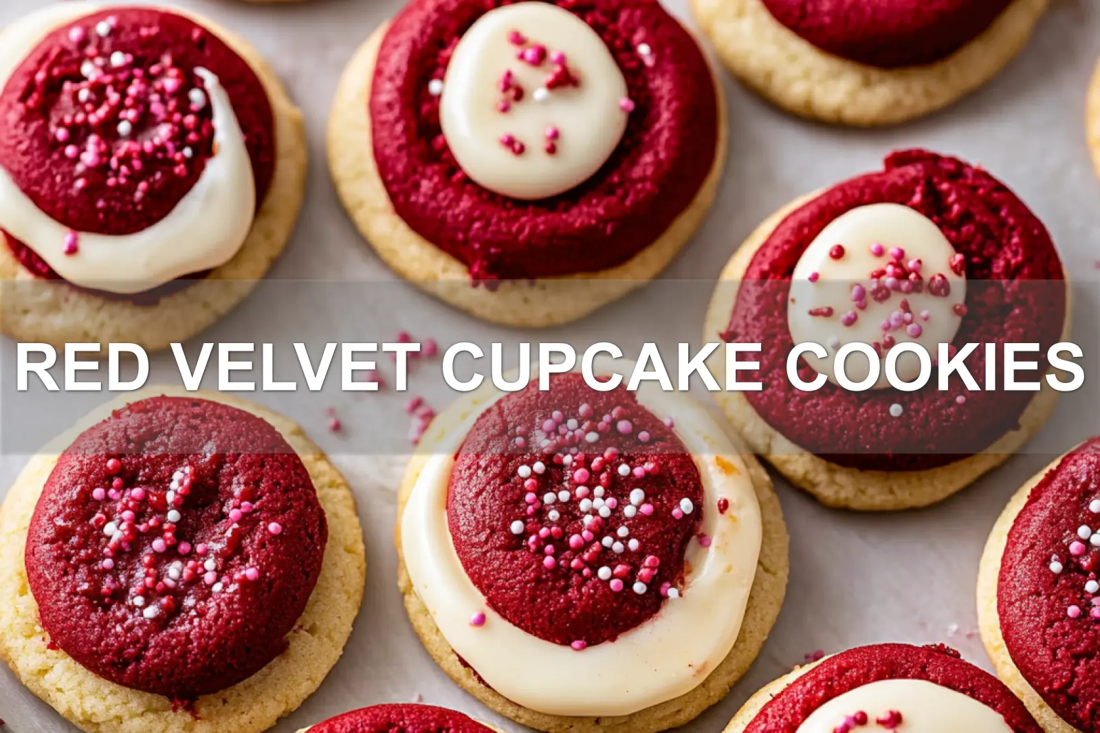 RED VELVET CUPCAKE COOKIES centered hero view, clean and uncluttered