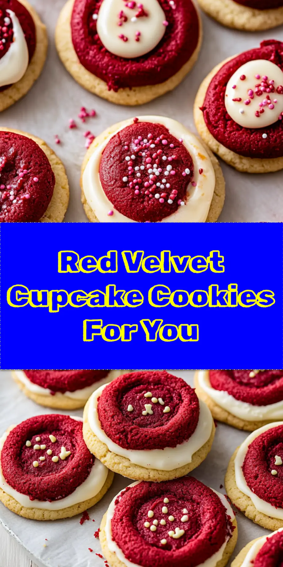 A beautiful Pinterest-ready shot of frosted Red Velvet Cupcake Cookies, stacked enticingly with a scattering of crumbs, perfect for a festive treat or holiday baking inspiration.