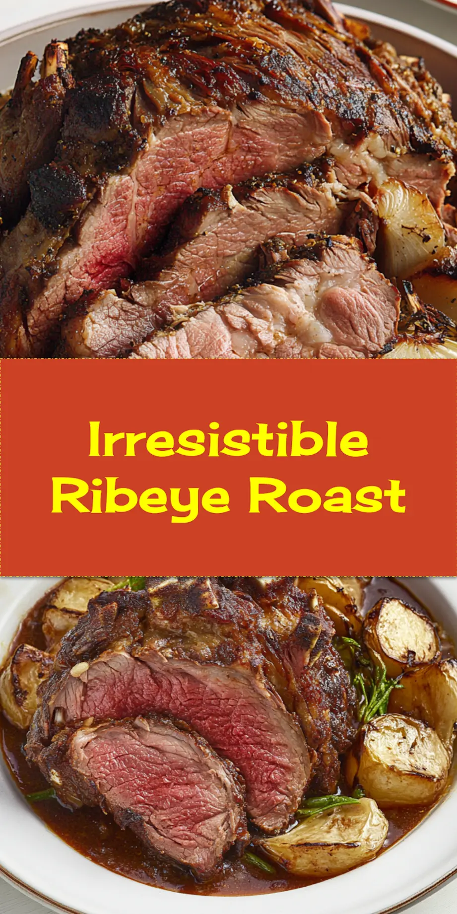 Perfectly cooked, succulent slices of ribeye roast arranged on a platter with fresh herbs, ready to be served as a special holiday or family dinner. Optimized for Pinterest sharing.